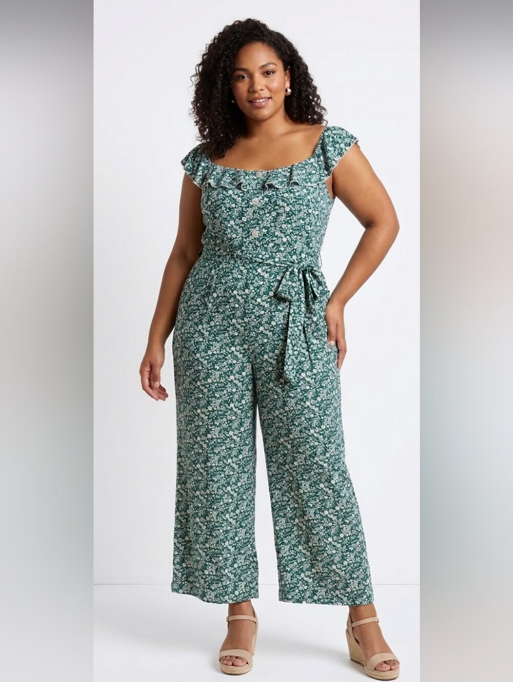 Bloomchic Green Floral Ruffle Off-The-Shoulder Jumpsuit with Pockets Size 14/16